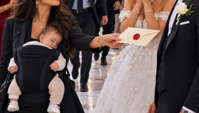 **Seis semanas después de que mi esposo nos echara de casa a mi hija recién nacida y a mí en medio de una feroz tormenta de nieve, aparecí en el día de su boda vestida completamente de negro. Llevaba a mi pequeña dormida entre mis brazos y sostenía un sobre sellado que podía cambiar el destino de todos los presentes. En cuanto me vio, la sonrisa desapareció de su rostro. «¿Qué haces aquí?», preguntó con evidente nerviosismo. Me acerqué sin apartar la mirada y respondí en voz baja: «He venido a terminar lo que tú empezaste». En ese preciso instante, la música dejó de sonar y un silencio absoluto invadió el salón.**