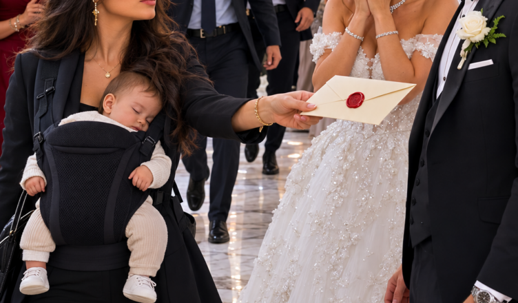 **Seis semanas después de que mi esposo nos echara de casa a mi hija recién nacida y a mí en medio de una feroz tormenta de nieve, aparecí en el día de su boda vestida completamente de negro. Llevaba a mi pequeña dormida entre mis brazos y sostenía un sobre sellado que podía cambiar el destino de todos los presentes. En cuanto me vio, la sonrisa desapareció de su rostro. «¿Qué haces aquí?», preguntó con evidente nerviosismo. Me acerqué sin apartar la mirada y respondí en voz baja: «He venido a terminar lo que tú empezaste». En ese preciso instante, la música dejó de sonar y un silencio absoluto invadió el salón.**