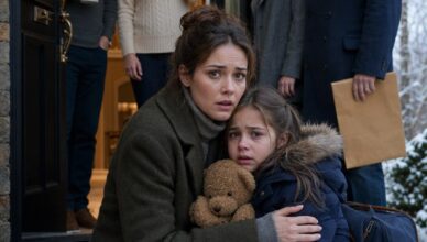 Regresé antes de lo previsto de mi misión militar para sorprender a mi familia en Navidad… pero encontré a mi pequeña hija sentada en el frío escalón de la entrada, abrazando con fuerza su osito de peluche.